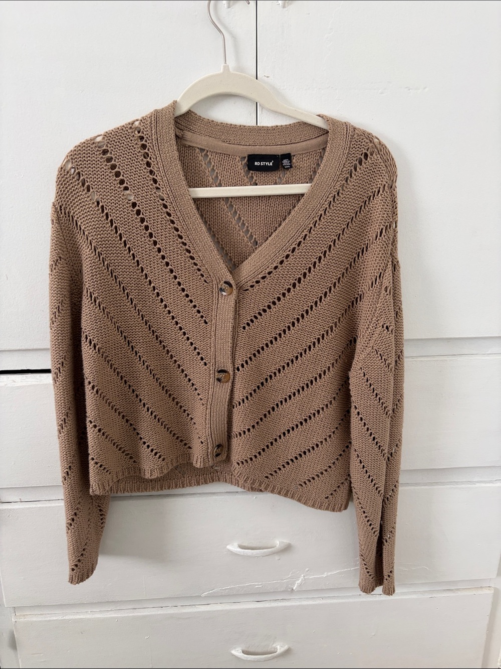 No Boundaries Taupe Open-Knit Cropped Button Cardigan